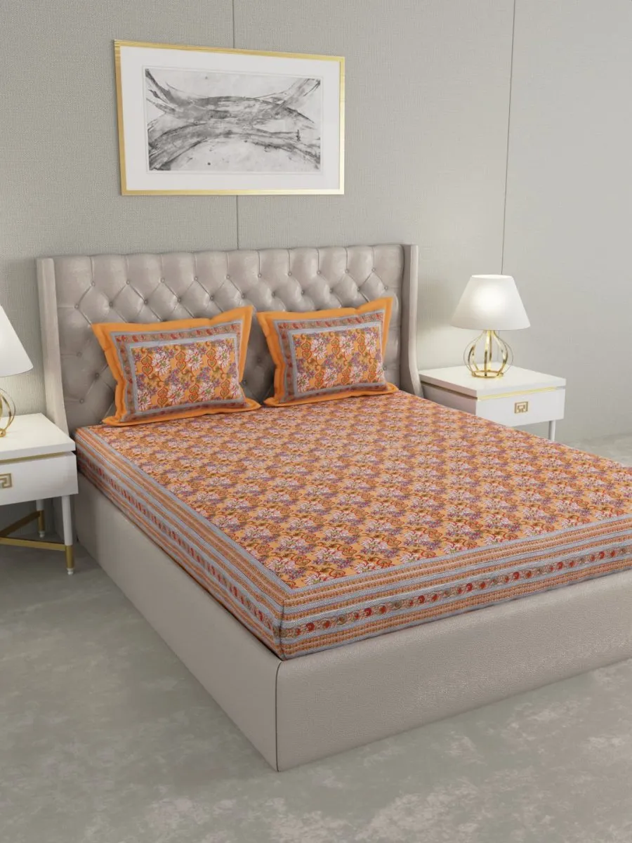 Orange Floral Hand Printed Pure Cotton King Size Bedding Set