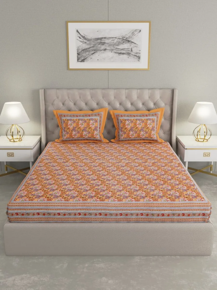 Orange Floral Hand Printed Pure Cotton King Size Bedding Set