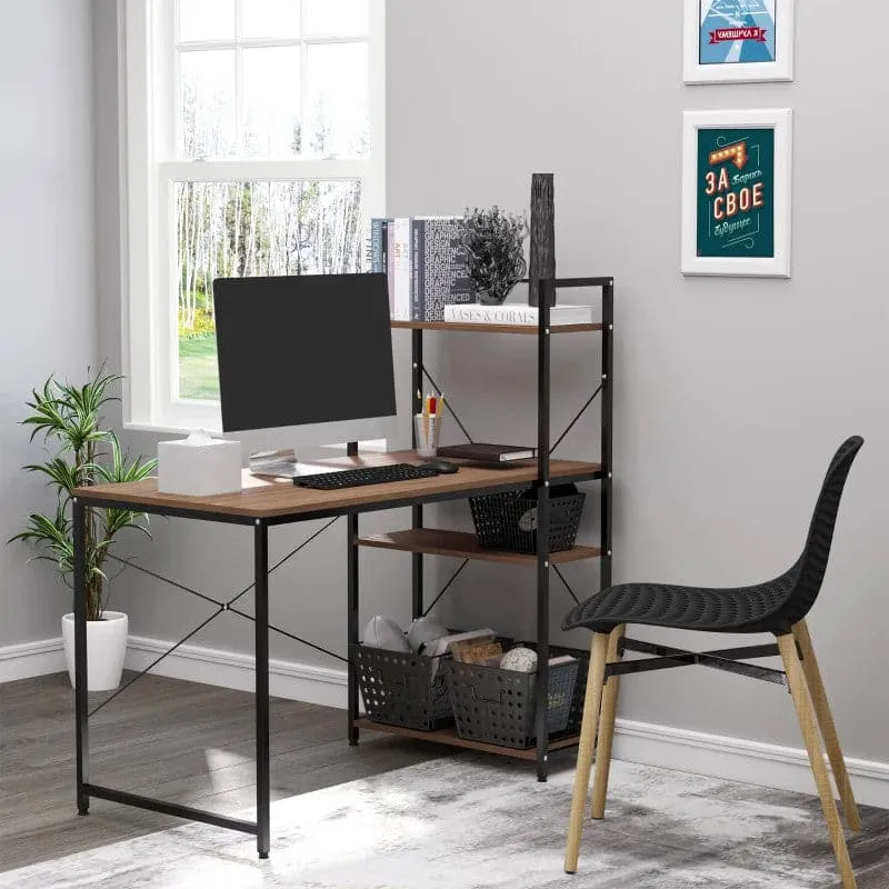 ProperAV Extra Metal Frame Home Wooden Top Office Desk with 4-Tier Bookshelf