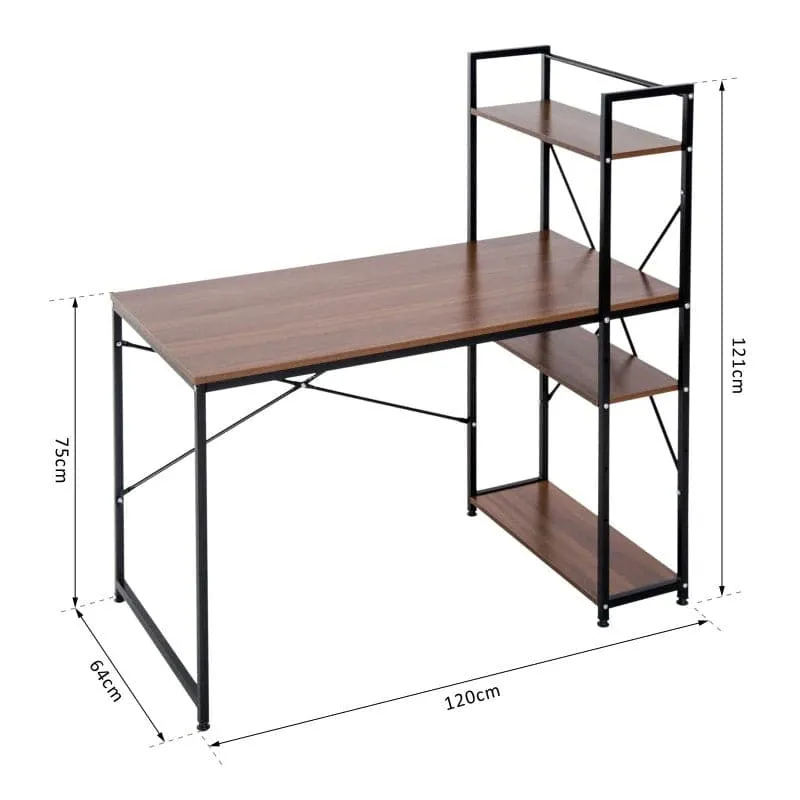 ProperAV Extra Metal Frame Home Wooden Top Office Desk with 4-Tier Bookshelf