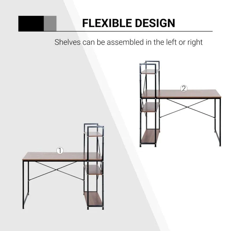 ProperAV Extra Metal Frame Home Wooden Top Office Desk with 4-Tier Bookshelf