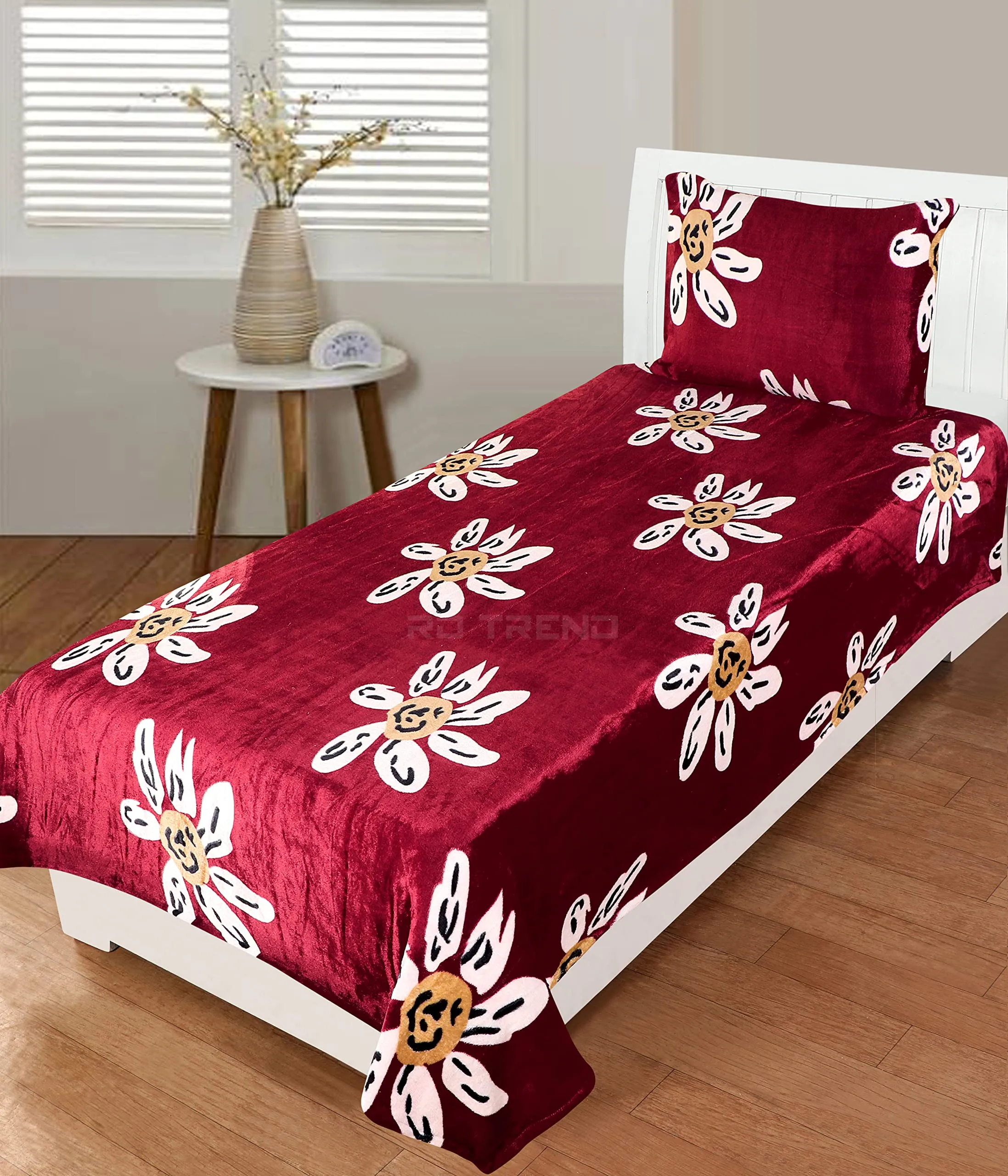 RD TREND 190 GSM Flannel Warm bedsheets for Winter Single Flat Size (60x90 Inches) with 1 Pillow Cover Size (18x28 Inches) Color - Red