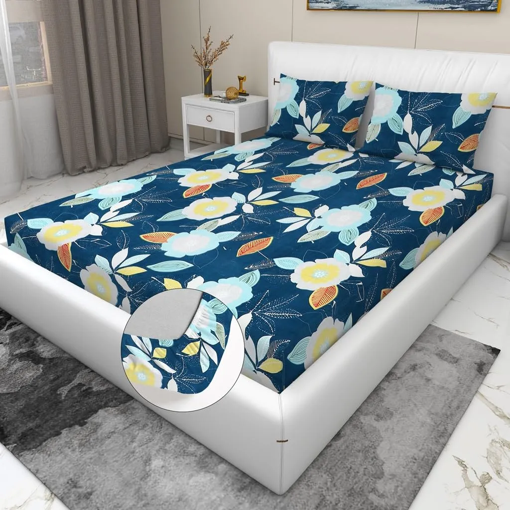 RD TREND Presents Luxurious Glace Cotton Super Soft 210 TC 360° Elastic Fitted Bedsheet Queen Size (78X60X8 Inch) with 2 Pillow Covers, Color-Blue Yellow Floral