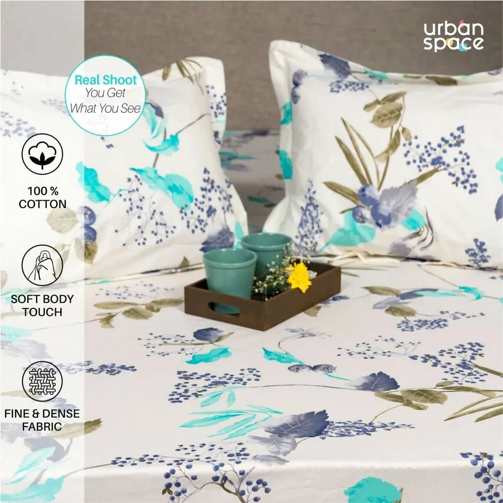 Regal Collection - Breathable 200 TC 100% Pure Cotton Single Bedsheet with Pillow Cover, Cherry Blossom- Blue