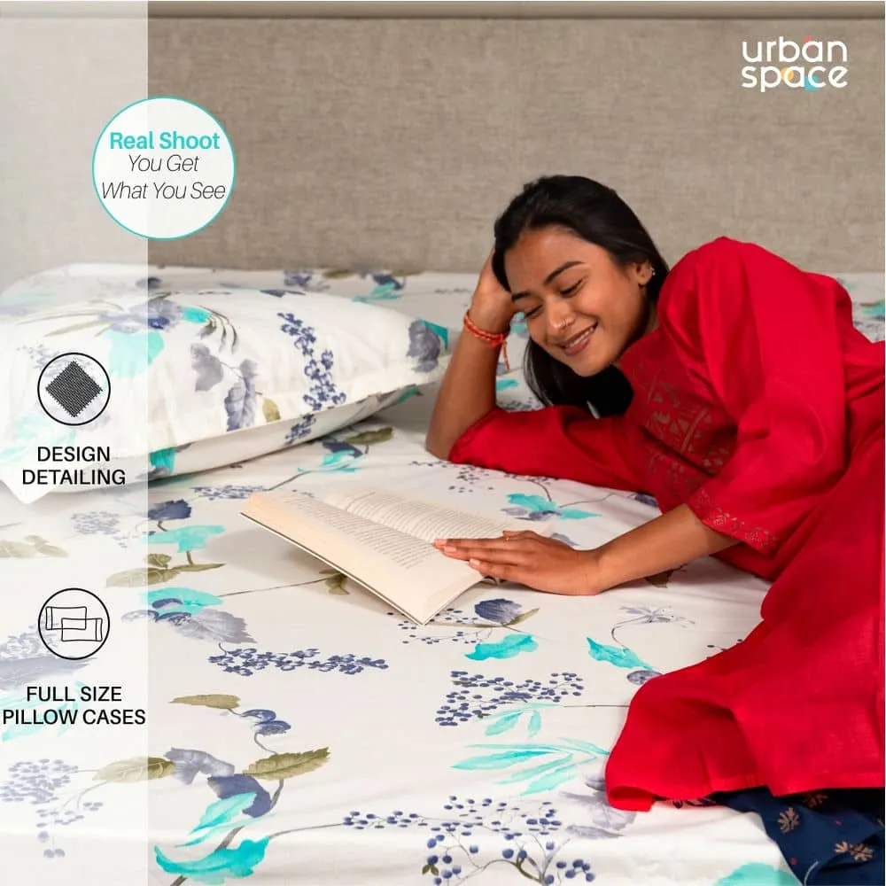 Regal Collection - Breathable 200 TC 100% Pure Cotton Single Bedsheet with Pillow Cover, Cherry Blossom- Blue