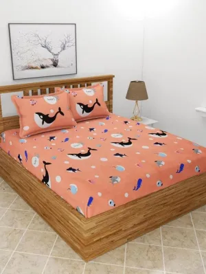 RIFTREE Glace Cotton Kids Design 1 King/Double Elastic Fitted bedsheet 72 x 78 x 8 inches with 2 Pillow Covers - Fish Peach