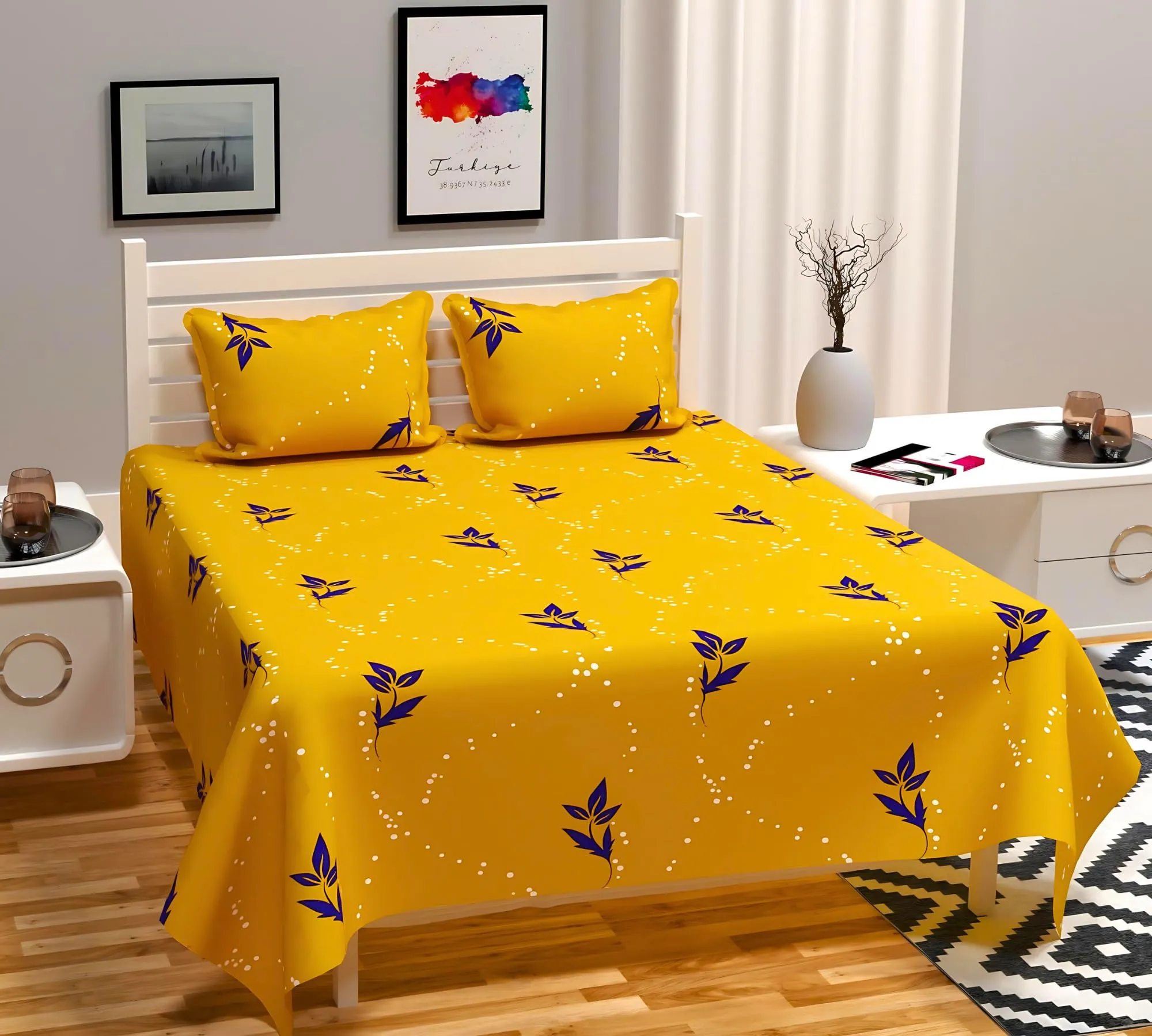 RVS DECOR Home Double Bedsheet for Double Bed Cotton | Double Bed Sheet Double Bed Cotton | Cotton Bedsheets for Double Bed | Cotton Bed Sheets for Double Bed (90x90 Inch, Yellow)