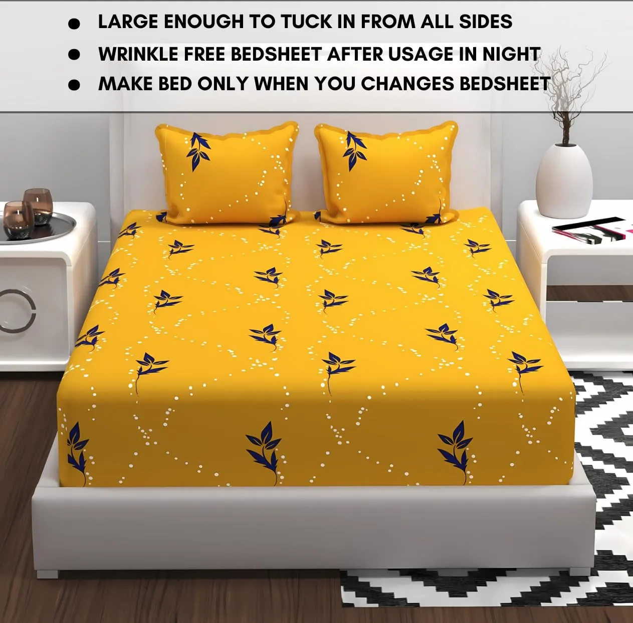 RVS DECOR Home Double Bedsheet for Double Bed Cotton | Double Bed Sheet Double Bed Cotton | Cotton Bedsheets for Double Bed | Cotton Bed Sheets for Double Bed (90x90 Inch, Yellow)