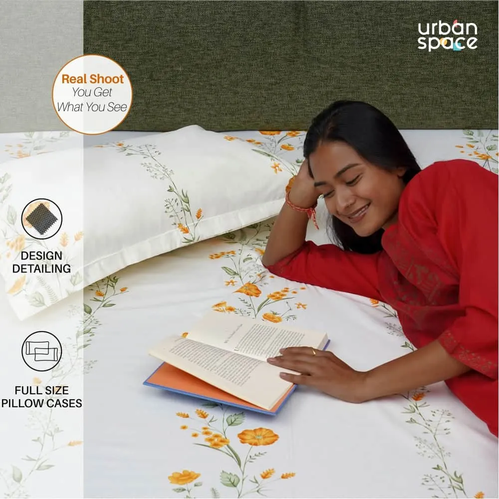 Serene Collection - Breathable 200 TC 100% Pure Cotton Bedsheet with Pillow Cover, Veil Bloom- Yellow