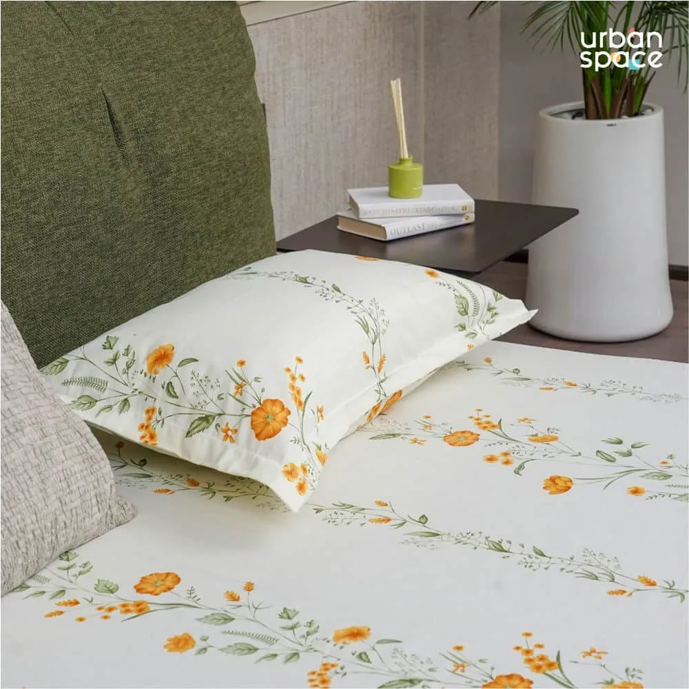 Serene Collection - Breathable 200 TC 100% Pure Cotton Bedsheet with Pillow Cover, Veil Bloom- Yellow