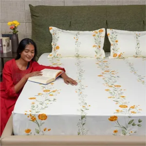 Serene Collection - Breathable 200 TC 100% Pure Cotton Bedsheet with Pillow Cover, Veil Bloom- Yellow