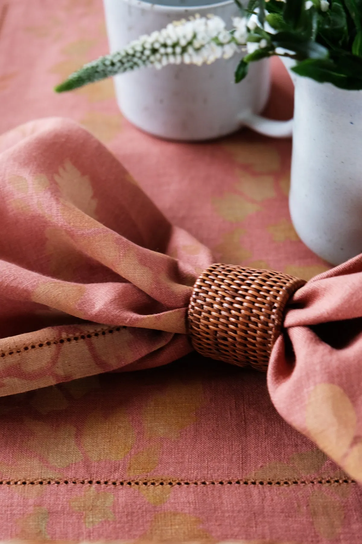 SET OF TWO HAND PAINTED AJOUR LINEN PLACEMATS & NAPKINS