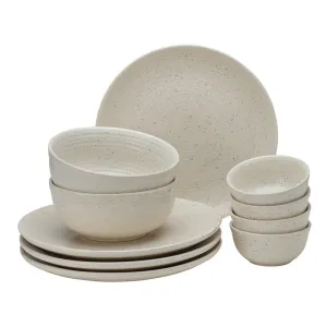 Stoneware Ceramic Dinner Set | 4 Dinner Plates, 4 Bowl Katori & 2 Serving Bowl | Ivory | Set of 10