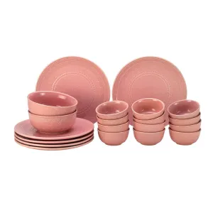 Stoneware Ceramic Dinner Set | 6 Dinner Plates, 12 Bowl & 2 Serving Bowl | Light Pink | Set of 20