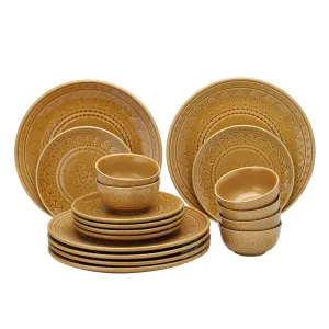 Stoneware Ceramic Dinner Set | 6 Dinner Plates, 6 Small Plates & 6 Bowl Katori | Golden Brown | Set of 18