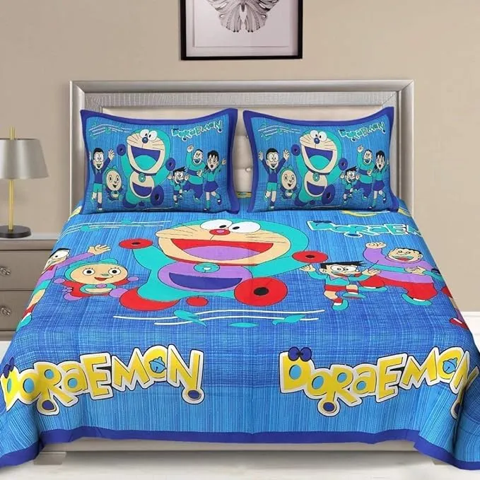 Tamasvini Cotton 144 TC Bedsheet with 2 Pillow Covers Printed King Size for Home, Hotels, Guest House, PGs & Living Room (Blue Doraemon)