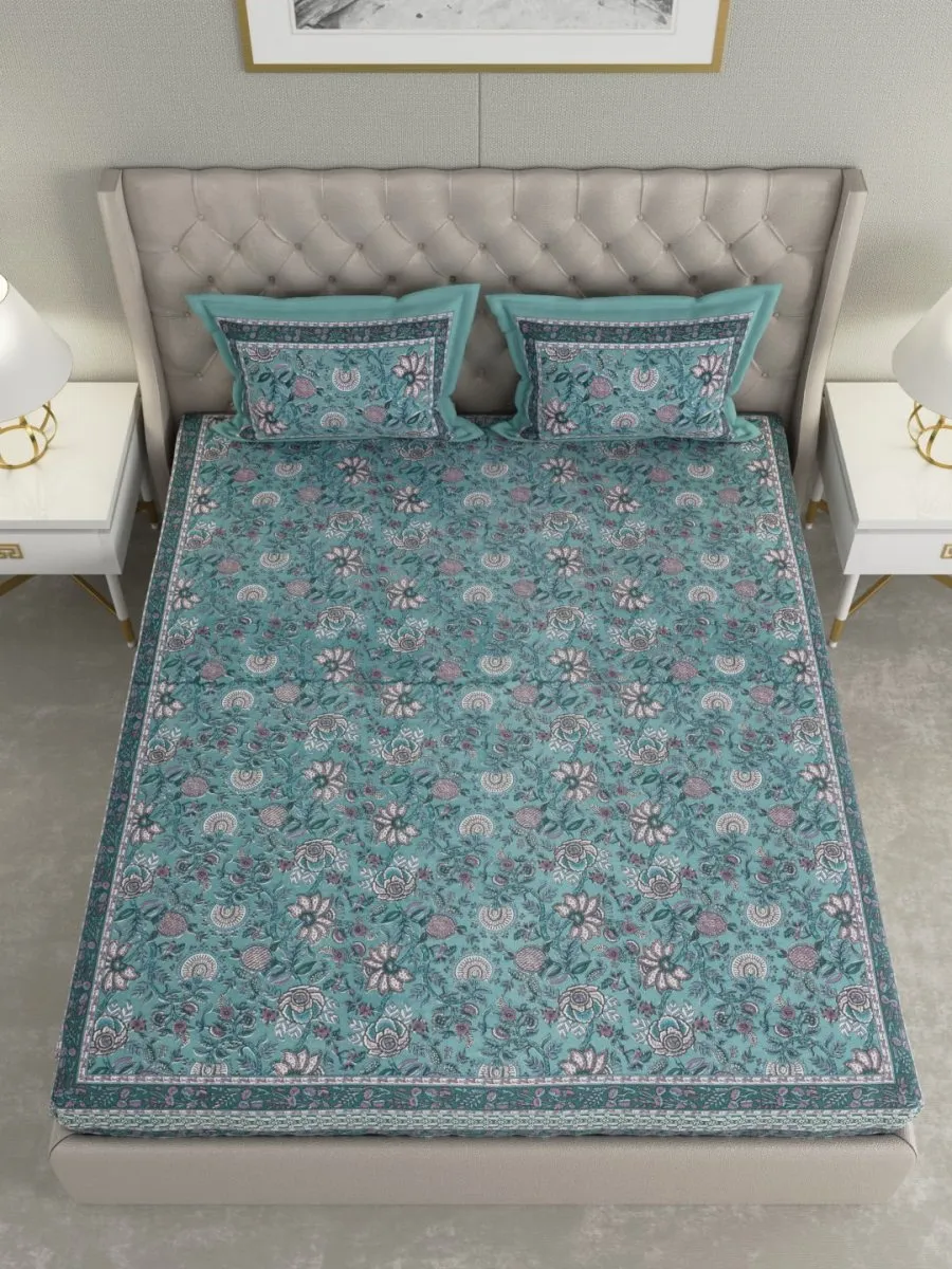 Teal Floral Hand Printed Pure Cotton King Size Bedding Set