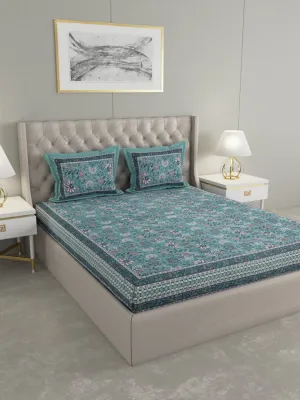 Teal Floral Hand Printed Pure Cotton King Size Bedding Set