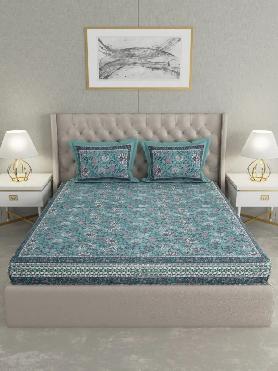 Teal Floral Hand Printed Pure Cotton King Size Bedding Set