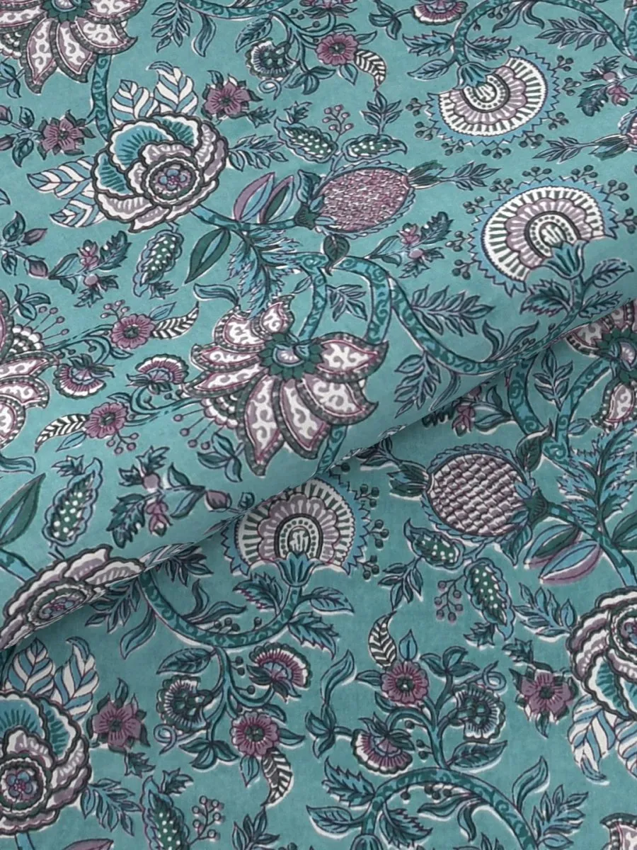 Teal Floral Hand Printed Pure Cotton King Size Bedding Set