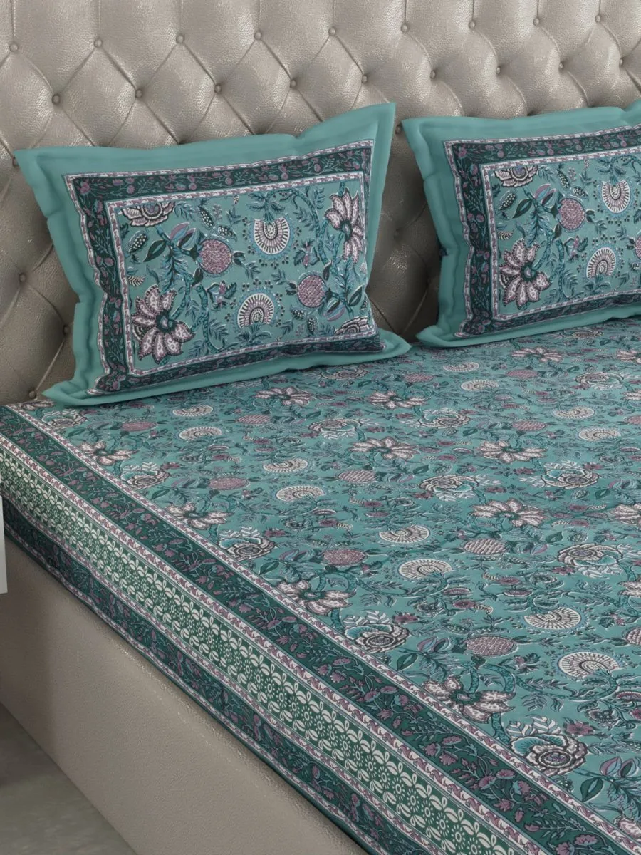 Teal Floral Hand Printed Pure Cotton King Size Bedding Set