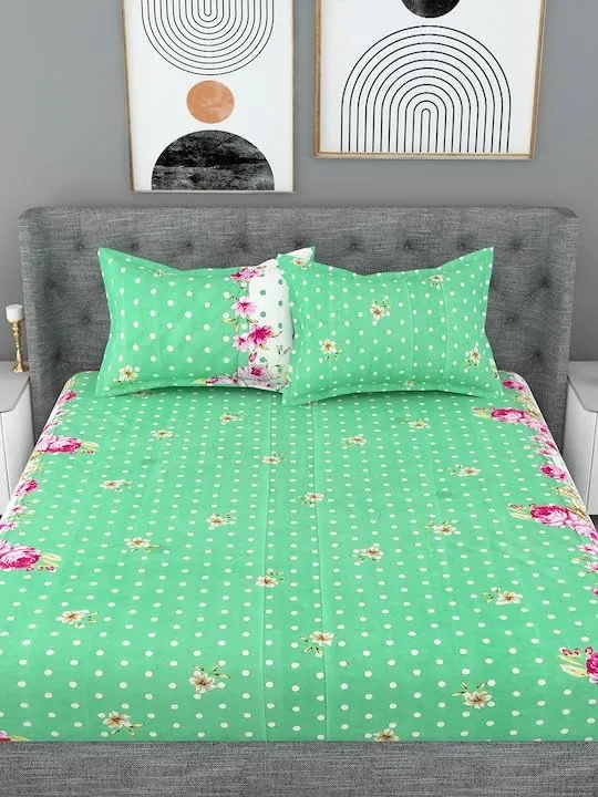 ULOM 320 TC Elastic Fitted Double King Size Bed Cotton Bedsheets with 2 Pillow Covers - King Size 78" x 72" Lruxurious Bedding Set for Ultimate Comfort and Style (Green dot)