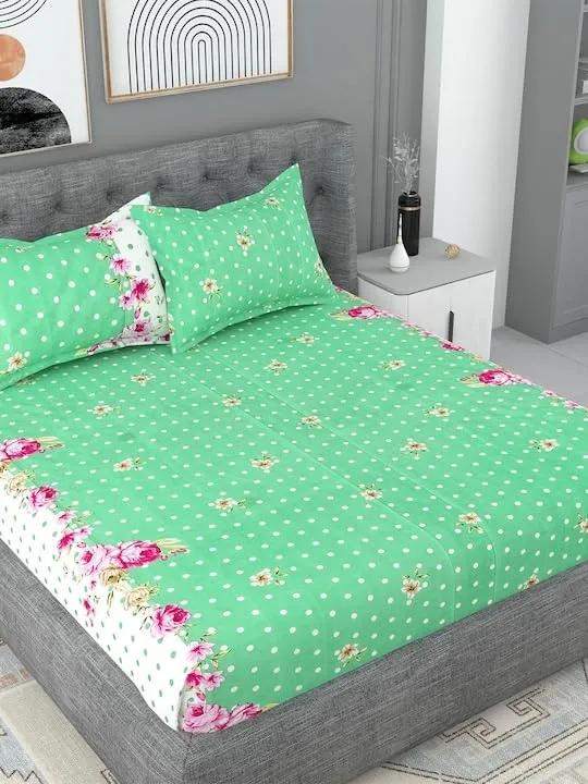 ULOM 320 TC Elastic Fitted Double King Size Bed Cotton Bedsheets with 2 Pillow Covers - King Size 78" x 72" Lruxurious Bedding Set for Ultimate Comfort and Style (Green dot)