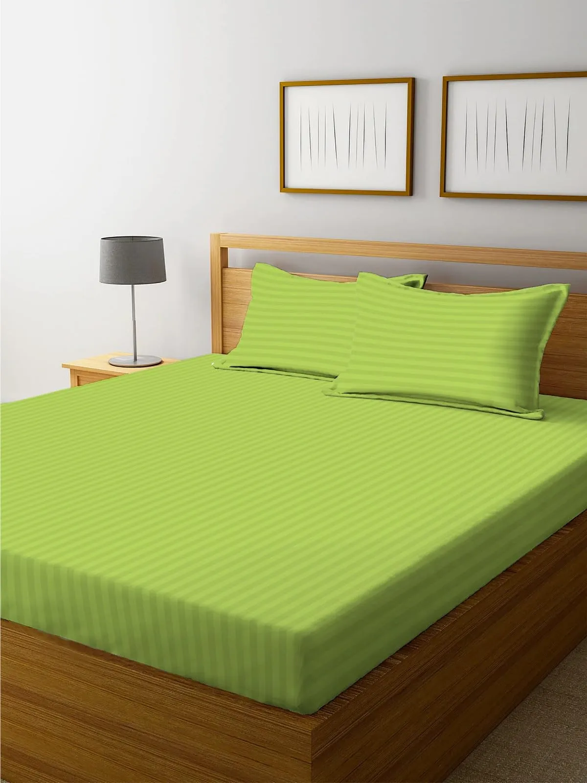 WUSA 210 TC Satin Double Bed Striped Fitted (Elastic) Bedsheet (Pack of 1)(Green)