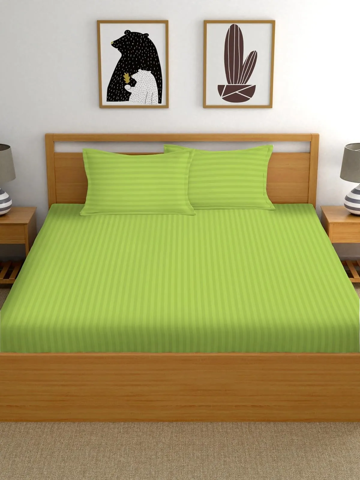 WUSA 210 TC Satin Double Bed Striped Fitted (Elastic) Bedsheet (Pack of 1)(Green)